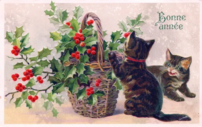 Framed Print : Two kittens with a basket of holly on a New Year postcard Framed Print : Two kittens with a basket of holly on a New Year postcard