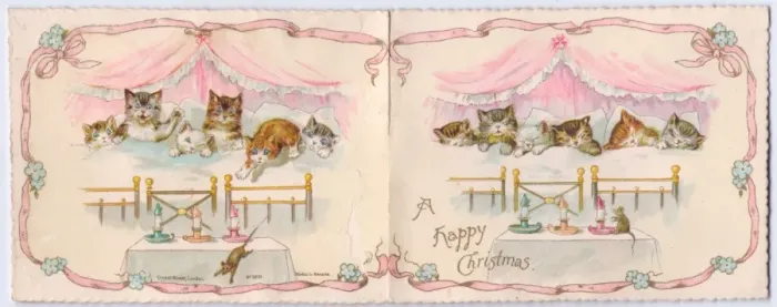Framed Print : Six kittens in bed on a Christmas card Framed Print : Six kittens in bed on a Christmas card