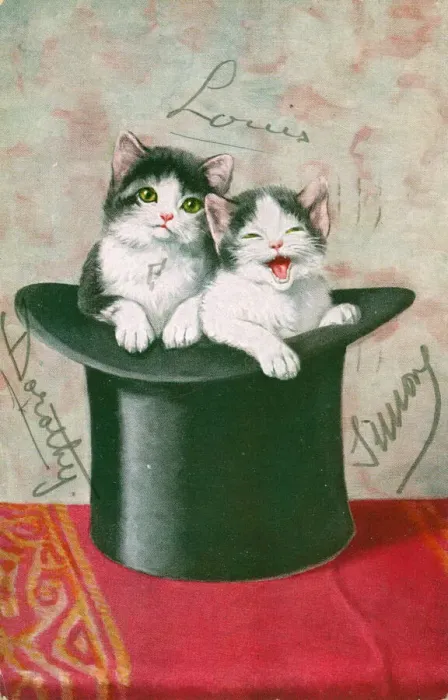 Framed Print : Two kittens in a top hat on a greetings postcard Framed Print : Two kittens in a top hat on a greetings postcard