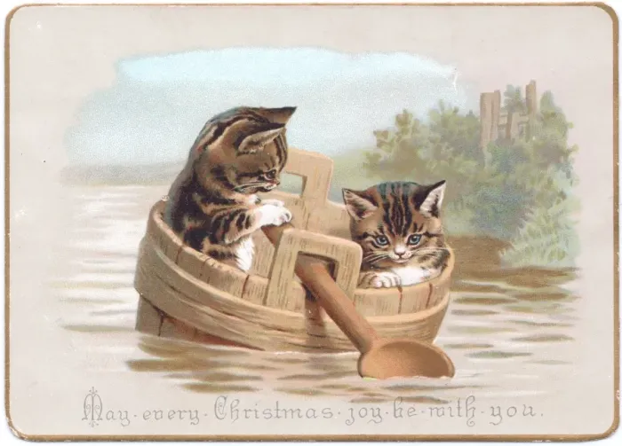 Framed Print : Two kittens in improvised boat on a Christmas card Framed Print : Two kittens in improvised boat on a Christmas card