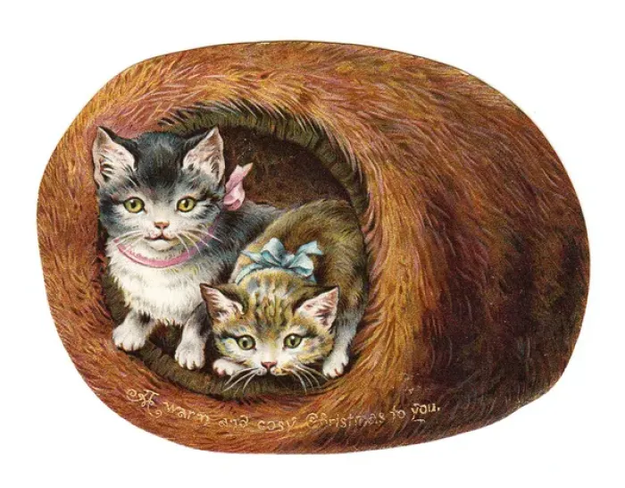 Framed Print : Two kittens inside a muff on a cutout Christmas card Framed Print : Two kittens inside a muff on a cutout Christmas card