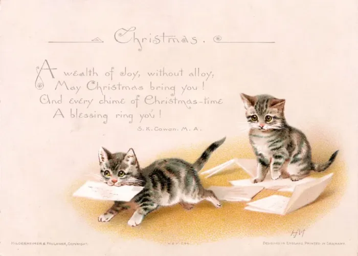 Framed Print : Two kittens with letters on a Christmas card