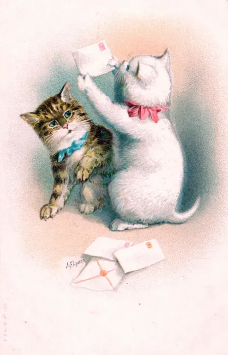 Framed Print : Two kittens with letters on a postcard Framed Print : Two kittens with letters on a postcard