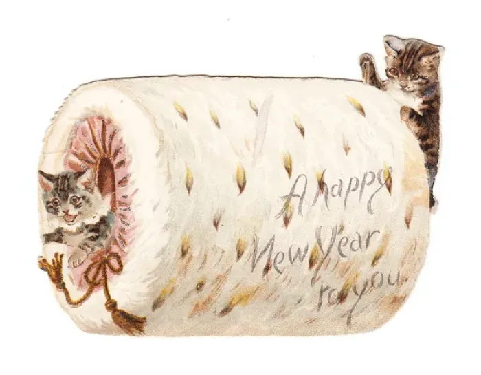 Framed Print : Two kittens with muff on a cutout New Year card Framed Print : Two kittens with muff on a cutout New Year card