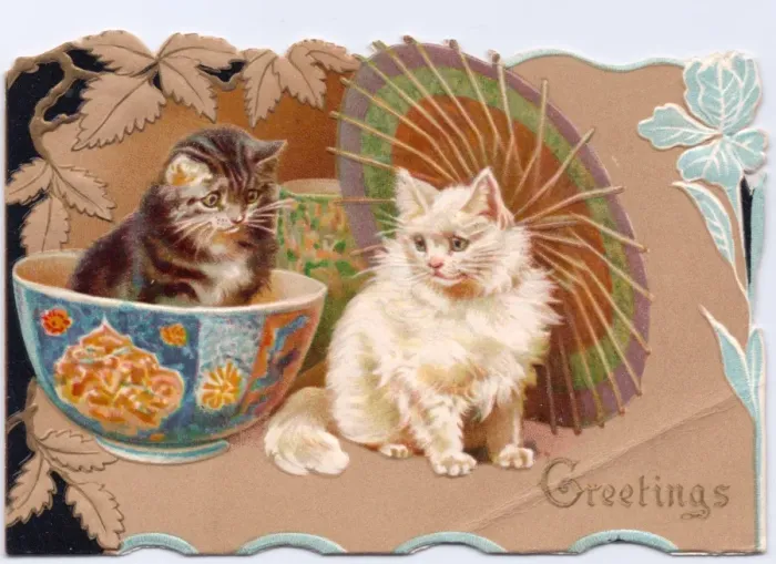 Framed Print : Two kittens with parasol on a greetings card Framed Print : Two kittens with parasol on a greetings card