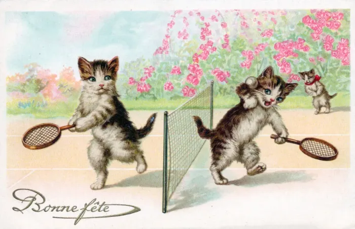 Framed Print : Kittens playing tennis on a French birthday postcard Framed Print : Kittens playing tennis on a French birthday postcard