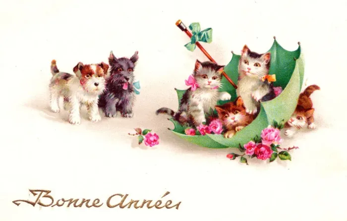 Framed Print : Kittens and puppies on a French New Year postcard Framed Print : Kittens and puppies on a French New Year postcard