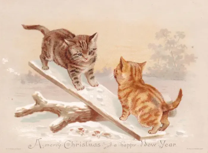Framed Print : Two kittens seesawing on a Christmas card Framed Print : Two kittens seesawing on a Christmas card