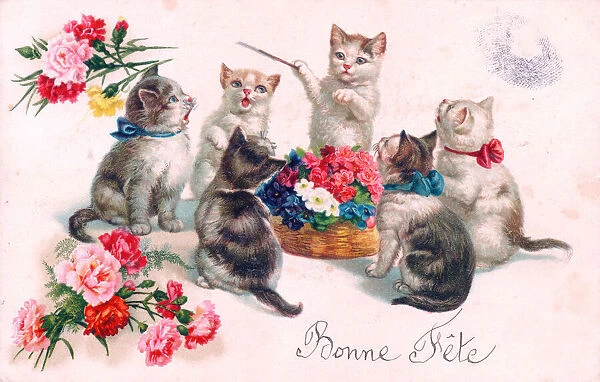 Kittens singing on a French birthday postcard