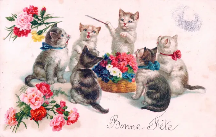 Framed Print : Kittens singing on a French birthday postcard Framed Print : Kittens singing on a French birthday postcard