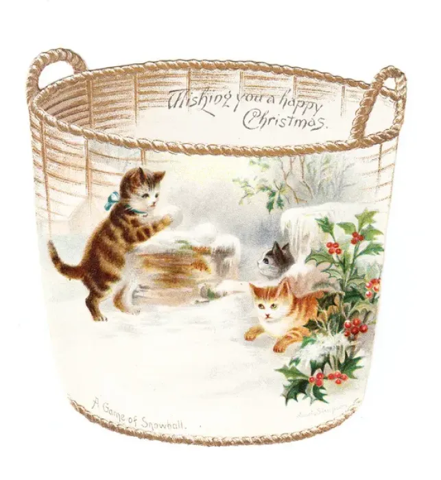 Framed Print : Three kittens snowballing on a cutout Christmas card