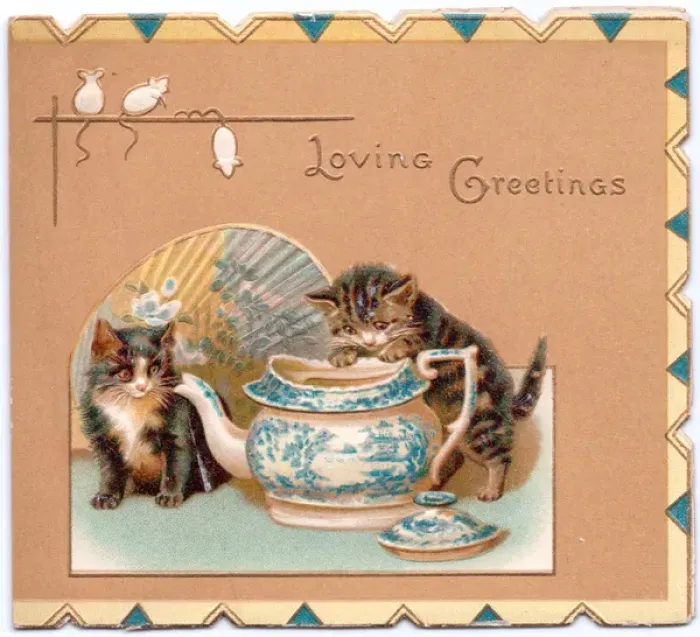 Framed Print : Two kittens with teapot on a greetings card Framed Print : Two kittens with teapot on a greetings card
