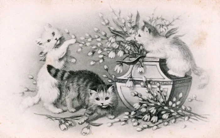 Framed Print : Kittens with a vase of flowers on a postcard Framed Print : Kittens with a vase of flowers on a postcard