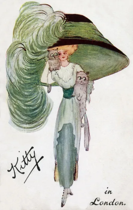 Framed Print : Kitty in London - Glamorous girl with two cats and HUGE hat Framed Print : Kitty in London - Glamorous girl with two cats and HUGE hat