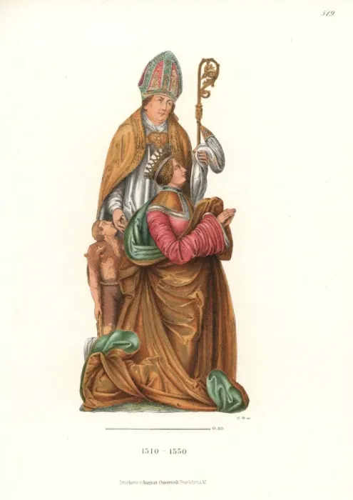 Framed Print : Kneeling woman with her patron saint standing behind her Framed Print : Kneeling woman with her patron saint standing behind her
