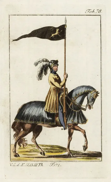 Framed Print : Knight in armor on horseback with his standard Framed Print : Knight in armor on horseback with his standard