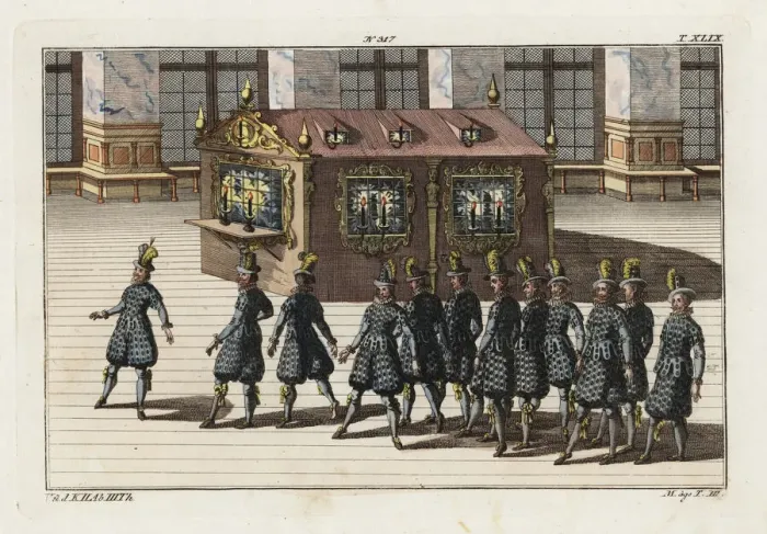 Framed Print : Twelve knights dancing in front of a candle-lit Framed Print : Twelve knights dancing in front of a candle-lit