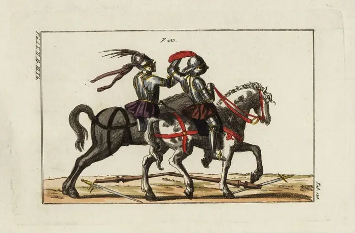 Framed Print : Two knights in plate armor on horseback fighting a duel Framed Print : Two knights in plate armor on horseback fighting a duel