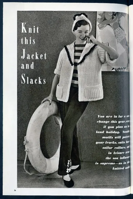 Framed Print : Knitted jacket and slacks, with a fashionable nautical theme. Date: 1954 Framed Print : Knitted jacket and slacks, with a fashionable nautical theme. Date: 1954