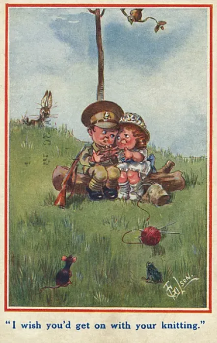 Framed Print : Knitting postcard, WW1 Framed Print : Knitting postcard, WW1