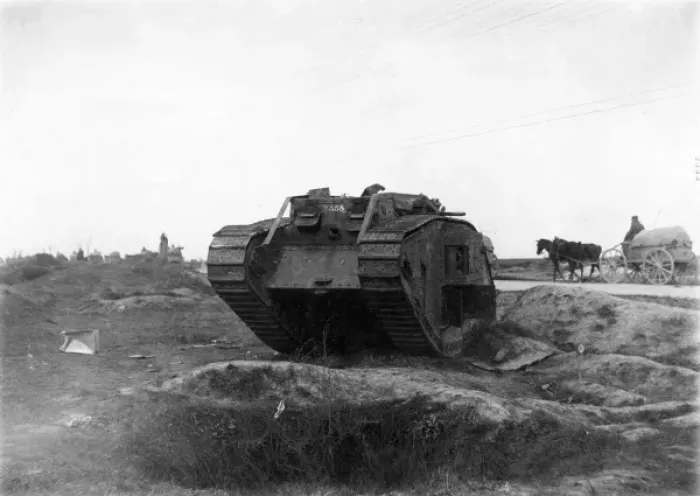 Framed Print : Knocked-out British tank, France, WW1 Framed Print : Knocked-out British tank, France, WW1