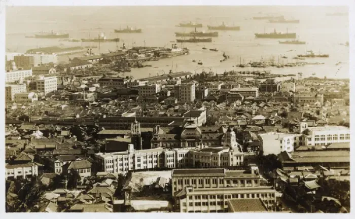 Framed Print : Kobe, Japan - Aerial View looking toward the port and sea Framed Print : Kobe, Japan - Aerial View looking toward the port and sea