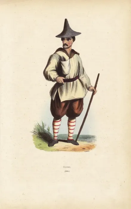 Framed Print : Korean man in hat, breeches and stockings, holding a stick Framed Print : Korean man in hat, breeches and stockings, holding a stick