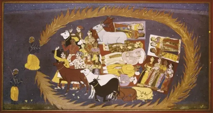Framed Print : Krisna rescues Braia village from a fire in Framed Print : Krisna rescues Braia village from a fire in