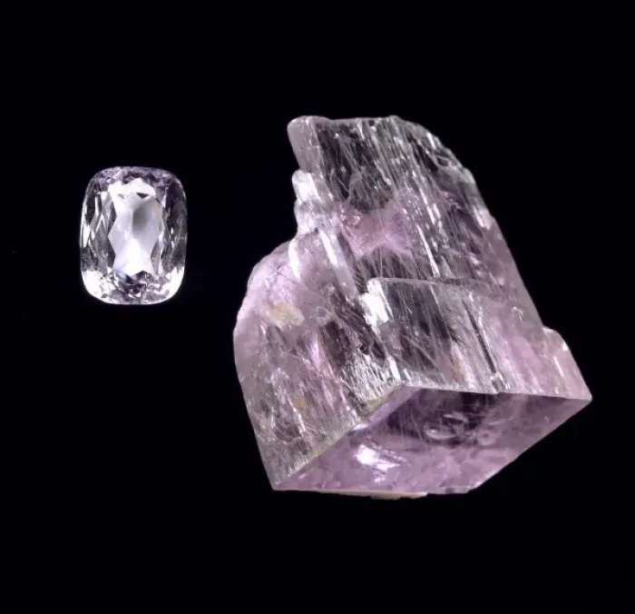Framed Print : Kunzite crystal and cut stone Framed Print : Kunzite crystal and cut stone