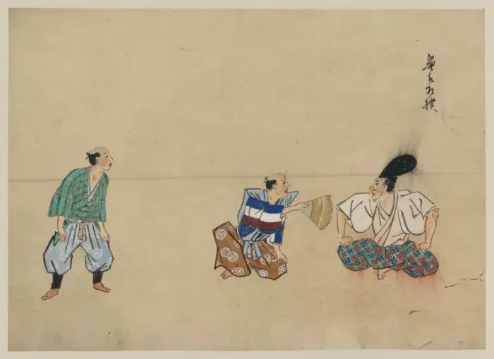 Framed Print : Kyogen play with three characters, one wearing a large hat a Framed Print : Kyogen play with three characters, one wearing a large hat a