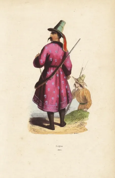Framed Print : Kyrgyz man in tall hat, coat over boots, carrying a musket Framed Print : Kyrgyz man in tall hat, coat over boots, carrying a musket