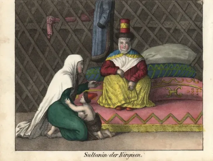 Framed Print : Kyrgyz sultana seated on a carpet in a gher Framed Print : Kyrgyz sultana seated on a carpet in a gher