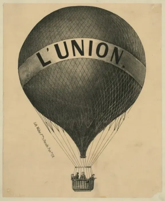 Framed Print : L Union. Print shows the balloon L Union flying with four men on board. Date 18 - Framed Print : L Union. Print shows the balloon L Union flying with four men on board. Date 18 -