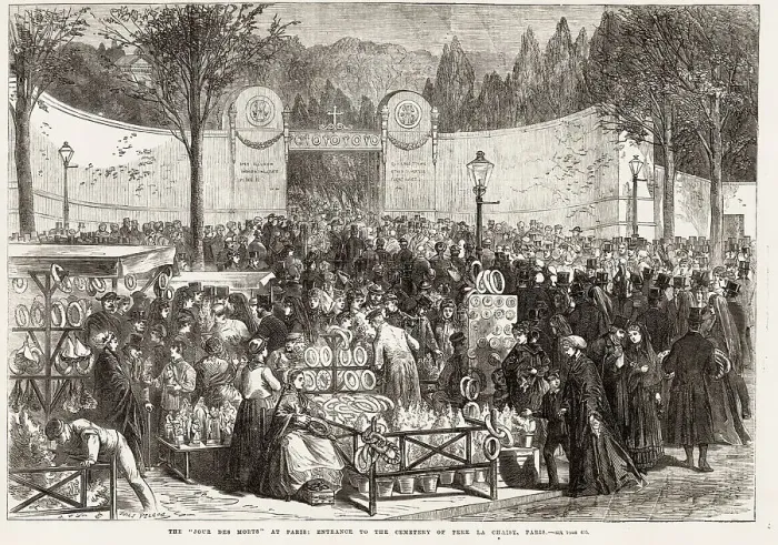 Framed Print : La Jour des Morts (Day of the Dead) - Parisiens visit tombs of their dead relatives Date: 1869 Framed Print : La Jour des Morts (Day of the Dead) - Parisiens visit tombs of their dead relatives Date: 1869