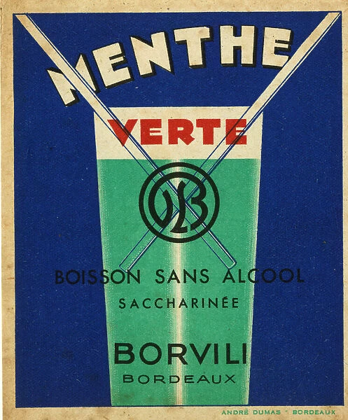 Label, Menthe Verte. French Drinks Bottle Label, Menthe Verte (Green Mint)