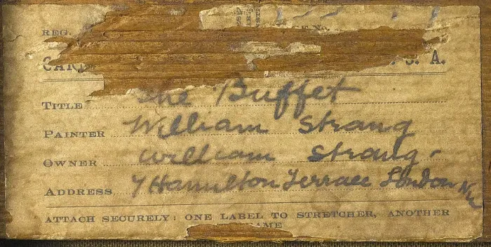 Framed Print : Label for painting, The Buffet, by William Strang, WW1 Framed Print : Label for painting, The Buffet, by William Strang, WW1