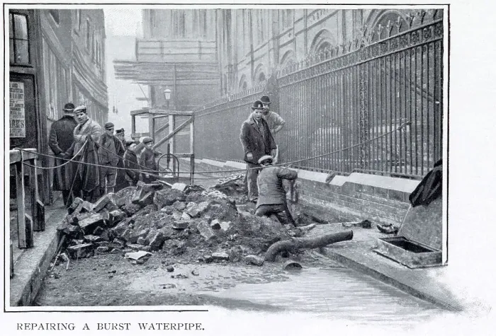Framed Print : Labour digging up a narrow road for repairs on a burst waterpipe in London. Date: 1901 Framed Print : Labour digging up a narrow road for repairs on a burst waterpipe in London. Date: 1901