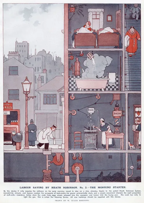 Framed Print : Labour Saving by Heath Robinson. No. 2 - The Morning Starter Framed Print : Labour Saving by Heath Robinson. No. 2 - The Morning Starter