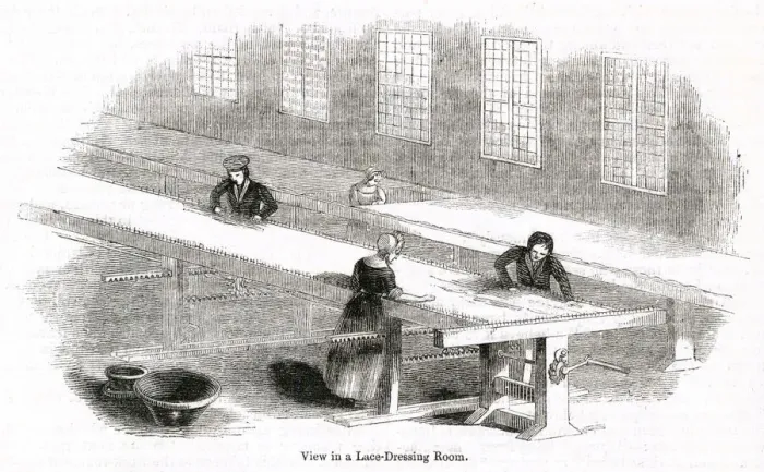 Framed Print : Lace Dressing Room at a Nottingham Lace Factory 1843 Framed Print : Lace Dressing Room at a Nottingham Lace Factory 1843