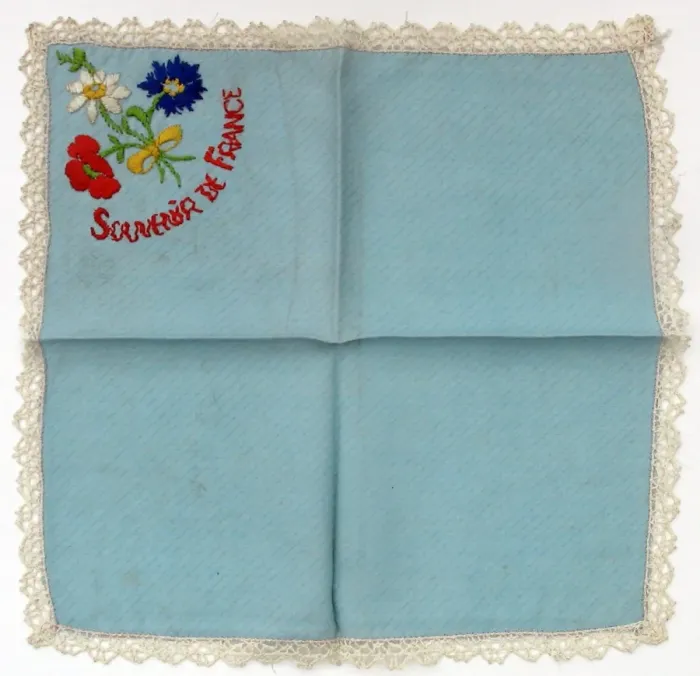 Framed Print : Lace handkerchief with flowers and Souvenir of France Framed Print : Lace handkerchief with flowers and Souvenir of France