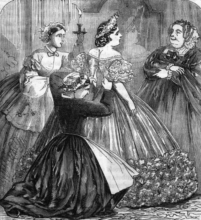 Framed Print : LACING UP. A young lady is laced into her ball gown by her maid while mama Framed Print : LACING UP. A young lady is laced into her ball gown by her maid while mama