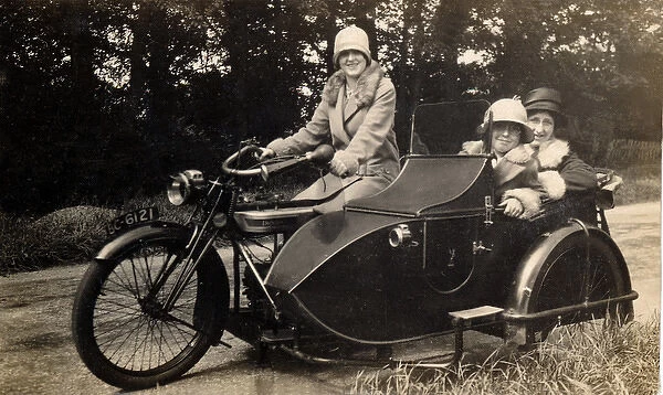 Ladies on a 1914 Douglas motorcycle & sidecar