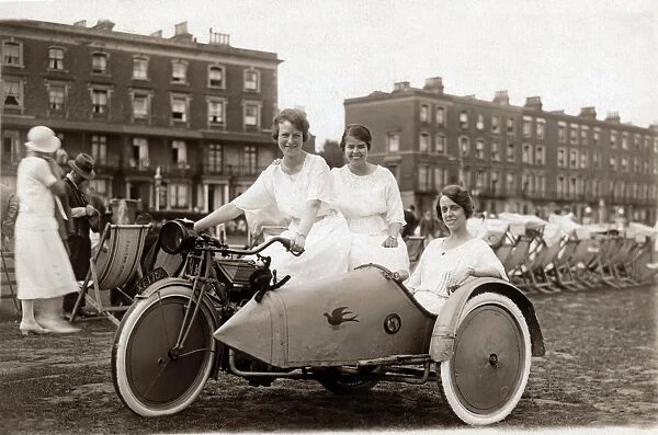 Ladies on a 1920s New Gerrard motorcycle & sidecar