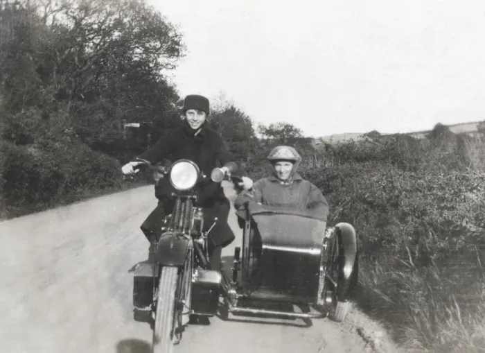 Framed Print : Two ladies on 1929 Enfield motorcycle Framed Print : Two ladies on 1929 Enfield motorcycle