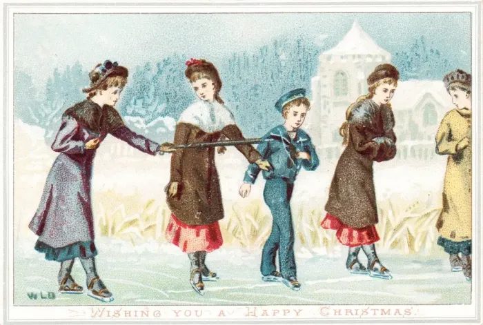 Framed Print : Four ladies and boy on the ice on a Christmas card Framed Print : Four ladies and boy on the ice on a Christmas card