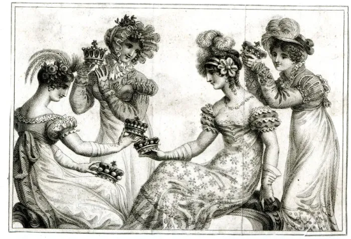Framed Print : Four Ladies Comparing Five Crowns Framed Print : Four Ladies Comparing Five Crowns
