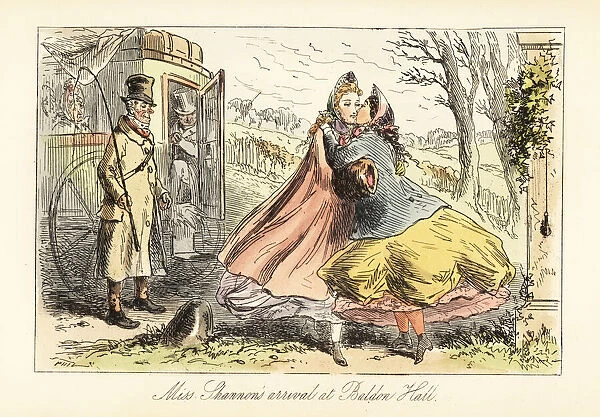 Ladies in crinolines embracing in front of a coach