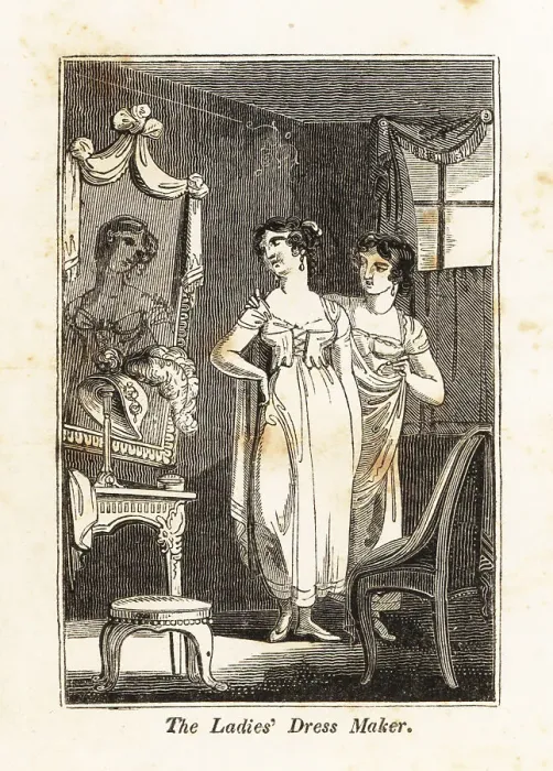 Framed Print : Ladies dress-maker with customer in a parlour Framed Print : Ladies dress-maker with customer in a parlour