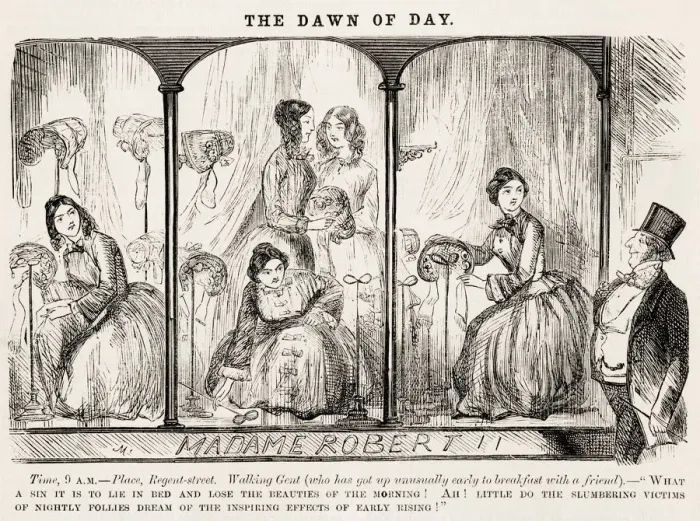 Framed Print : Ladies dress a window at Madame Roberts store Date: 1853 Framed Print : Ladies dress a window at Madame Roberts store Date: 1853
