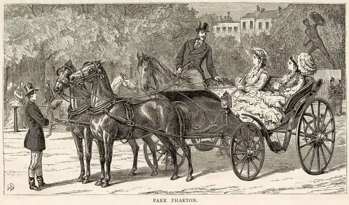 Framed Print : Ladies drive in Hyde Park, London, in their appropriately named PARK PHAETON. Date: 1872 Framed Print : Ladies drive in Hyde Park, London, in their appropriately named PARK PHAETON. Date: 1872
